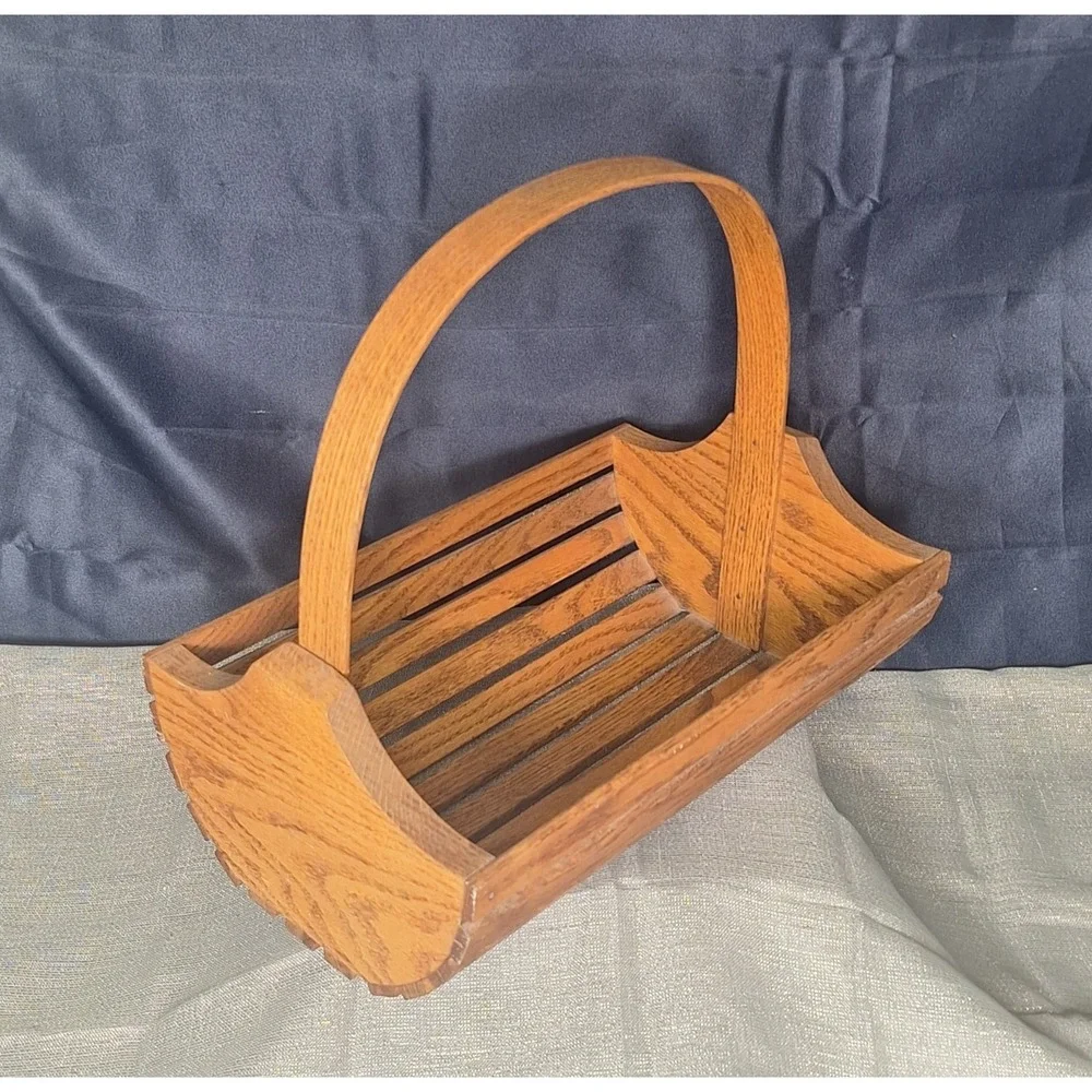 Vintage Oak Wood Slat Basket Tote Trug MCM Bentwood Arch Handle Cross Plains WI